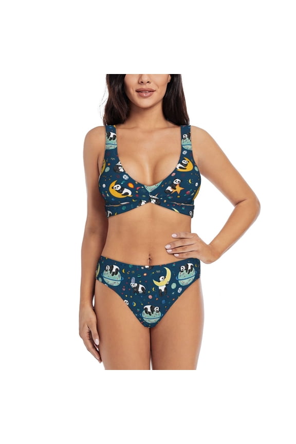 Space Sleeping Panda Print Women's 2 Piece High Waisted Wrap Spaghetti Strap Summer Swimsuit Bikini Set-Medium