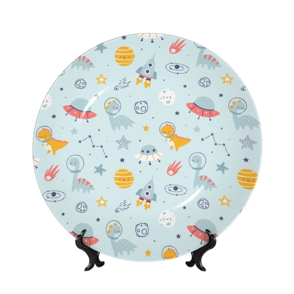Kdxio Space With Dino Astronauts Bone China Decorative Plate Ceramic Decorative Plate for Home Office Wall Stand Decorative Plates for Home Bedroom-10in
