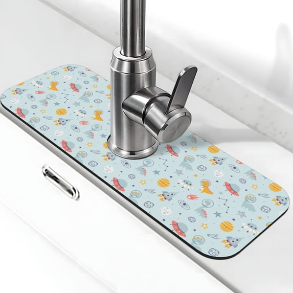 Kdxio Space With Dino Astronauts Pattern Non-Slip Diatom Mud Faucet Drain Pad,Self Absorbent Mat for Kitchen Sink for Variety Kitchen & Bathroom Countertops