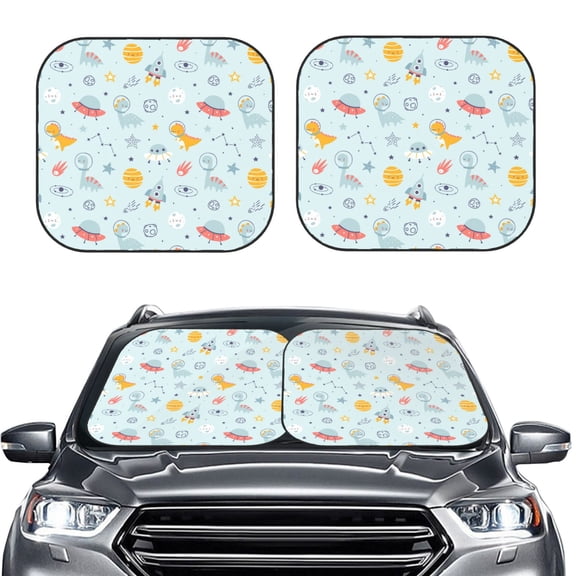 Kdxio Space With Dino Astronauts Print 2-Piece Sun Shade Front Windshield - Foldable Car Front Window Sunshades for Most Sedans SUV Truck