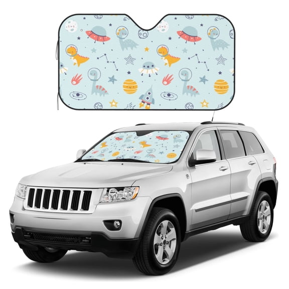 Kdxio Space With Dino Astronauts Print Windshield Sun Shade, Foldable Sun Blocker for Car,Truck,SUV Automotive Interior Sun Protection,Reflective Shade for Front Windshield(Medium)