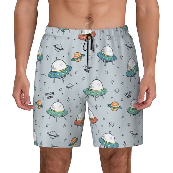 Kdxio Spaceship Print Men's Swim Trunks with Compression Liner 7 Inch Inseam Quick Dry Swim Shorts