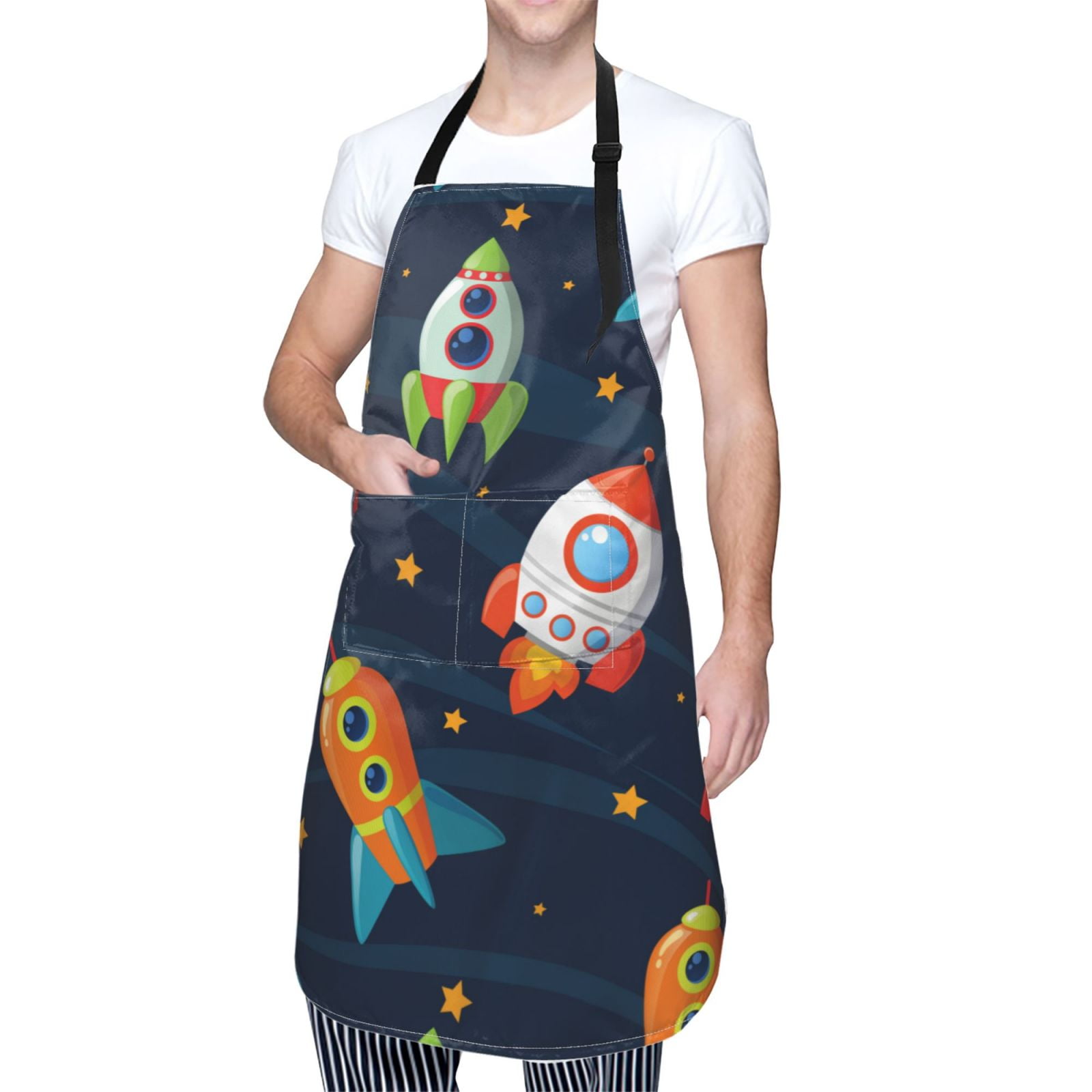 Kdxio Spaceships and Stars Apron with Pockets Adjustable Kitchen Aprons for Men Women Waterproof Aprons for Cooking,Drawing,Crafting, Baking Household Cleaning