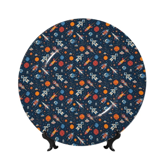 Kdxio Spaceships And Stars In Outer Space Bone China Decorative Plate Ceramic Decorative Plate for Home Office Wall Stand Decorative Plates for Home Bedroom-8in