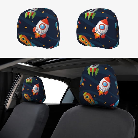 Kdxio Spaceships and Stars Pattern Print 2 Piece Car Head Rest Covers Set Auto Front/Rear Seats Headrest Cover Universal Fit Most Cars,Sedan, SUV