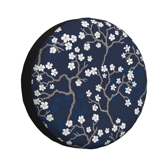 Kdxio Spare Tire Cover for RV Trailer, Waterproof Wheel Cover,Camper Spare Tire Cover Fit for Rv SUV Truck Travel Trailer 17 inch-Cherry Blossoms on Navy Background