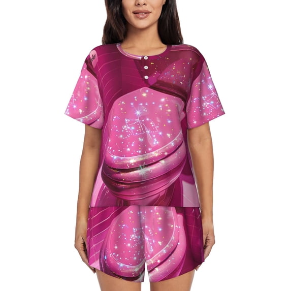 Kdxio Sparkling Pink Toilet Print Pajamas Sets for Women Short-Sleeved Pjs with Lounge Shorts Two Piece Sleepwear S-4XL