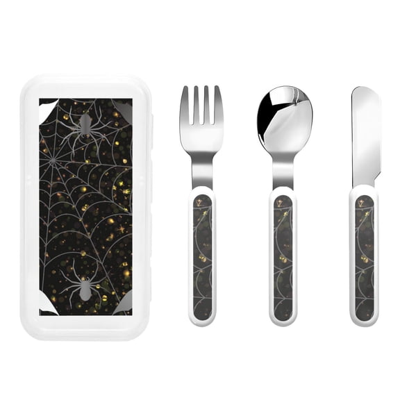 Kdxio Spiderweb Bats And A Spider Toddler Utensils Set - Kids Silverware Set, Set Kids Utensils Set with Case for Preschooler Children
