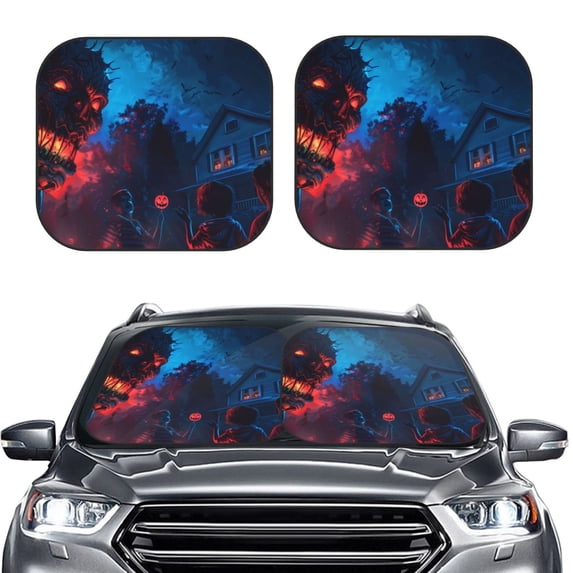 Kdxio Spooky Halloween Night Scene Print 2-Piece Sun Shade Front Windshield - Foldable Car Front Window Sunshades for Most Sedans SUV Truck
