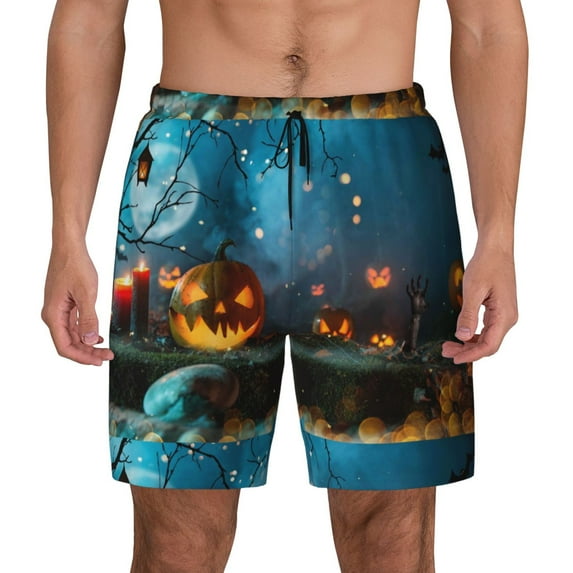 Kdxio Spooky Halloween Print Men'S Swim Trunks With Compression Liner 7 Inch Inseam Quick Dry Swim Shorts