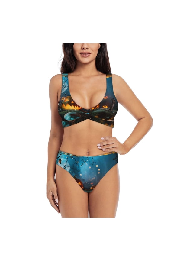 Spooky Halloween Print Women's 2 Piece High Waisted Wrap Spaghetti Strap Summer Swimsuit Bikini Set-Medium