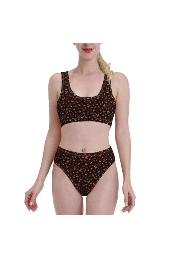 Spooky Pumpkin Face for Womens High Waisted Bikini Top Sports Style Two Piece Bathing Suits