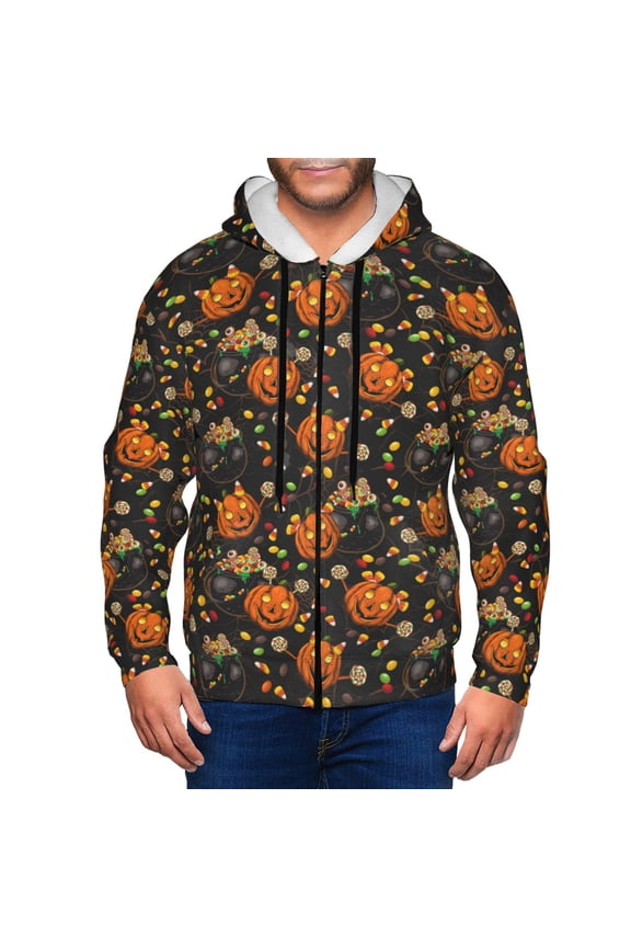 Spooky Sweets Print Men Hoodies Casual Hoodies for Men with Zip Pockets Full Zip Long Sleeve Sweatshirt Sports Hooded Jacket-Large