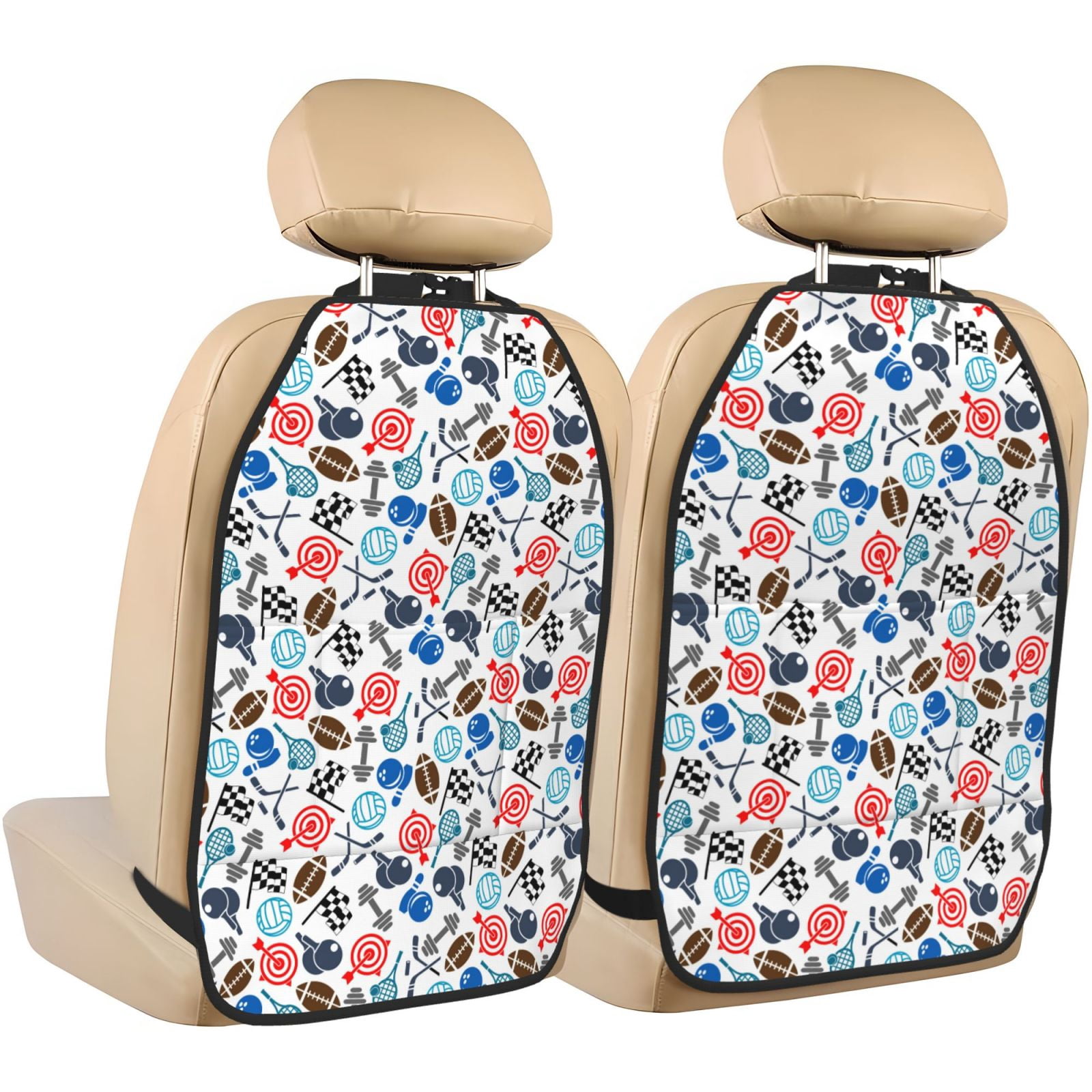 Kdxio Sport Items Print 2 Pack Car Kick Mat Seat Cover Back Protector Mat with Pockets for Organizer Backseat Protector and Storage Anti Kick Pad for Vehicles