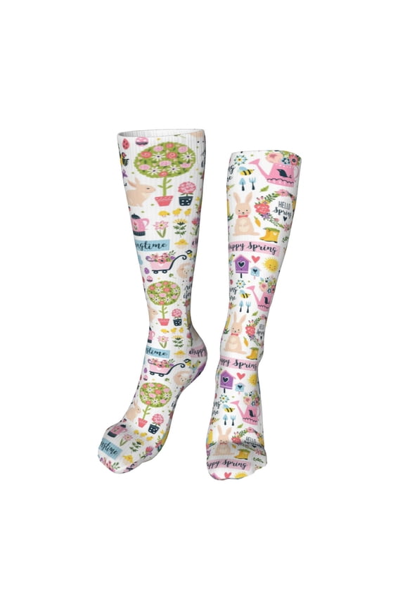 Spring Flowers Birds Funny Silky Novelty Funky Long Knee High Socks Soft 3D Print Cosplay Crazy Stockings for Men Women