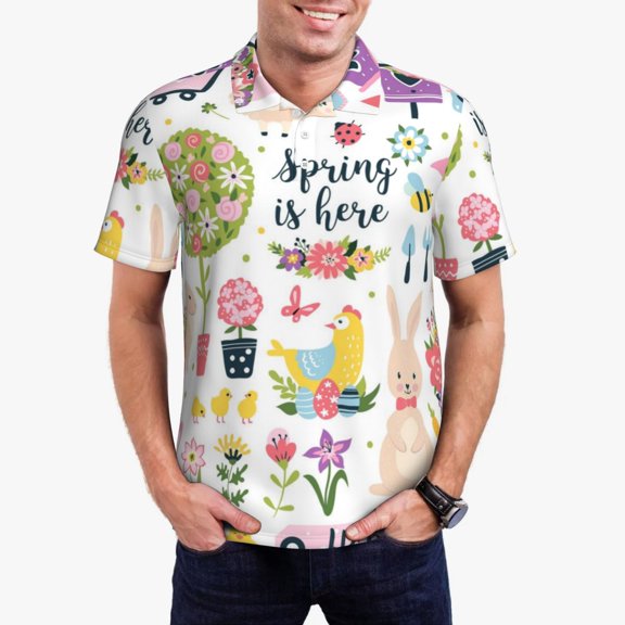 Kdxio Spring Flowers Birds Print Men's Short Sleeve Polo Shirt,Midweight Men's Shirt