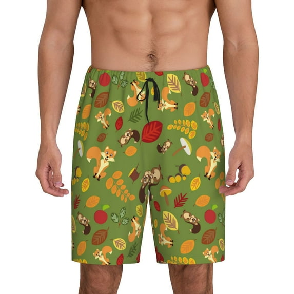 Kdxio Squirrel And Fox In The Forest Print Mens Sleep Shorts Bottoms Soft Comfy Pajama Wear Pants with Drawstring Pockets