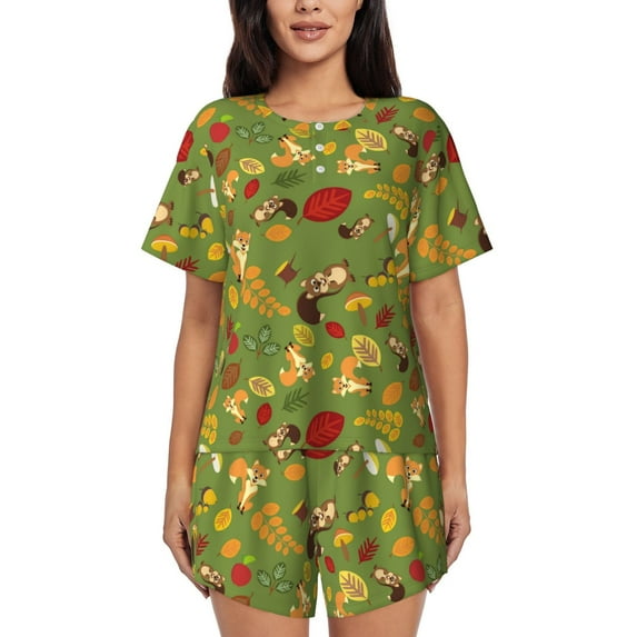 Kdxio Squirrel And Fox In The Forest Print Pajamas Sets for Women Short-Sleeved Pjs with Lounge Shorts Two Piece Sleepwear S-4XL
