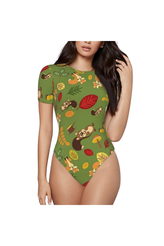 Squirrel And Fox In The Forest for Women's Short-Sleeved Onesie Stylish Round Neck Pajamas Bodysuit Jumpsuit Nightwear-Medium
