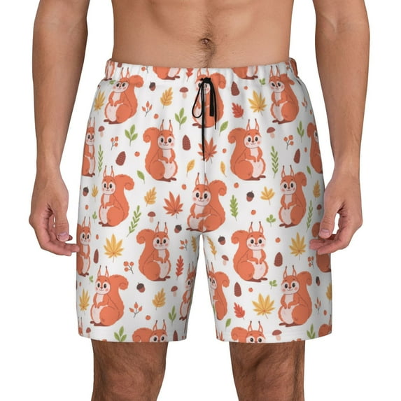 Kdxio Squirrel And Maple Leaf Print Men's Swim Trunks with Compression Liner 7 Inch Inseam Quick Dry Swim Shorts