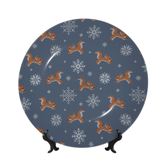Kdxio Squirrel And Snowflakes Bone China Decorative Plate Ceramic Decorative Plate for Home Office Wall Stand Decorative Plates for Home Bedroom-7in