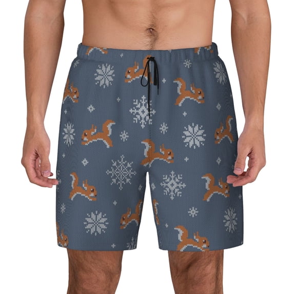 Kdxio Squirrel And Snowflakes Print Men's Swim Trunks with Compression Liner 7 Inch Inseam Quick Dry Swim Shorts