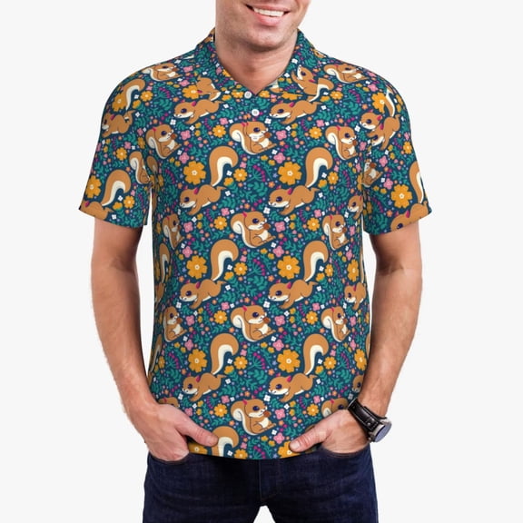 Kdxio Squirrel Garden Delight Print Men's Short Sleeve Polo Shirt,Midweight Men's Shirt-4X-Large