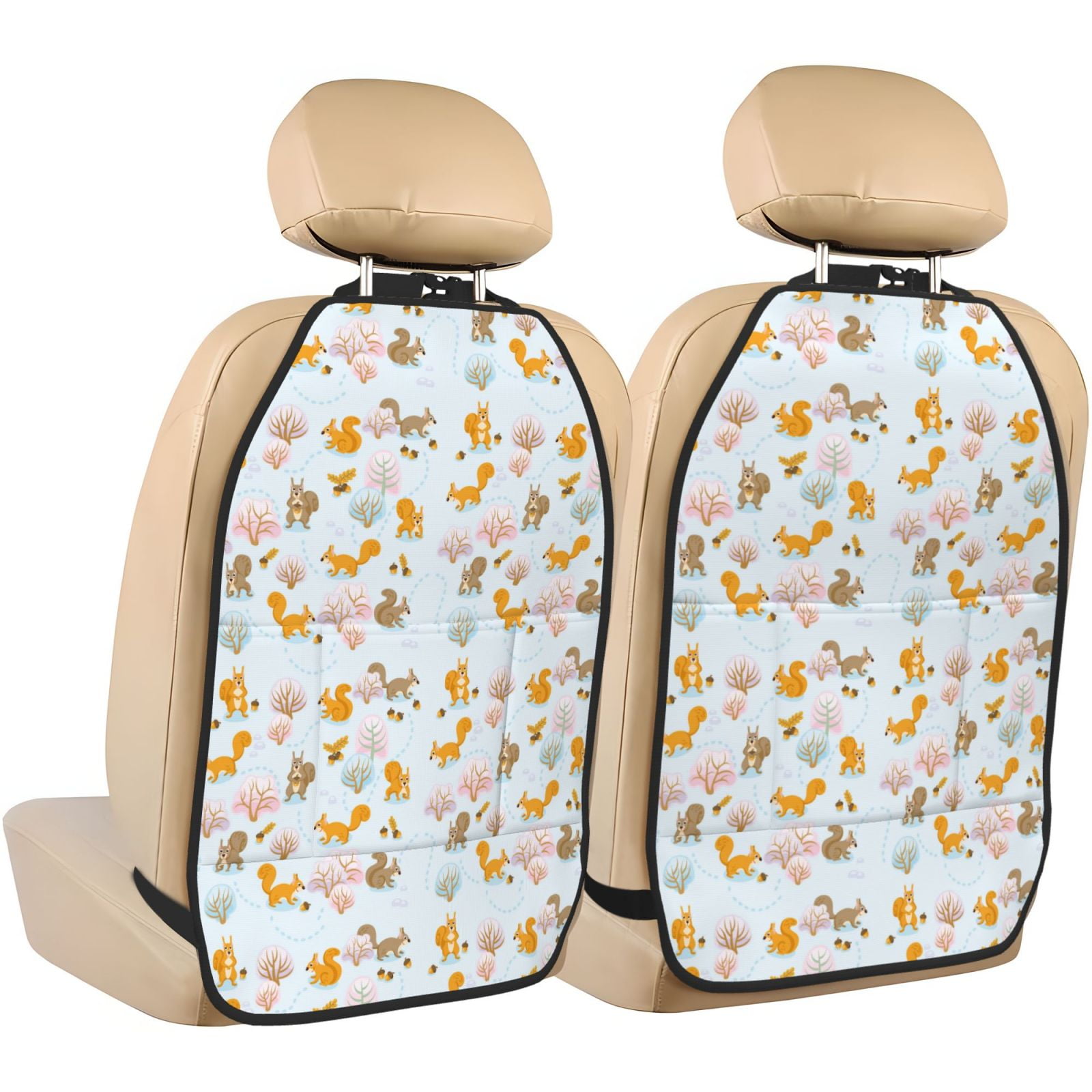 Kdxio Squirrel In The Forest Print 2 Pack Car Kick Mat Seat Cover Back Protector Mat with Pockets for Organizer Backseat Protector and Storage Anti Kick Pad for Vehicles