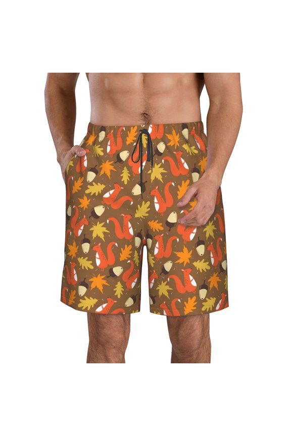 Squirrel Maple pine nut Pattern Mens Casual Shorts - Drawstring Summer Beach Sports Shorts for Men