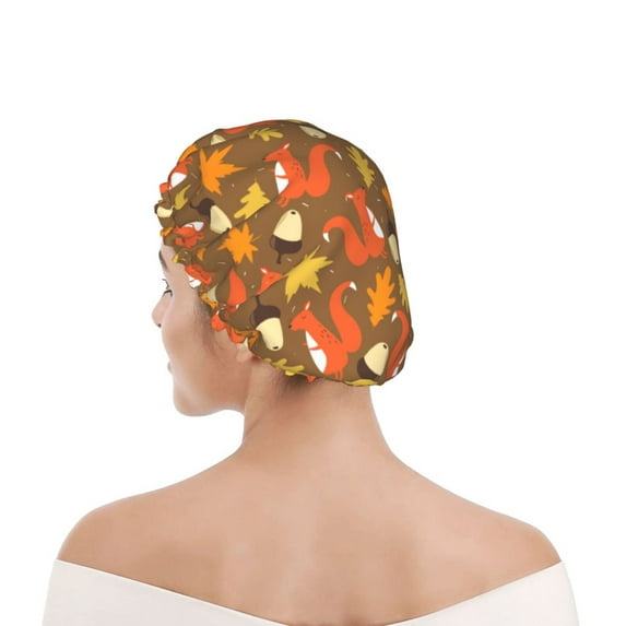 Kdxio Squirrel Maple pine nut Print Shower Cap for Women,Elastic and Reusable,Double Waterproof Layers Bathing Hat