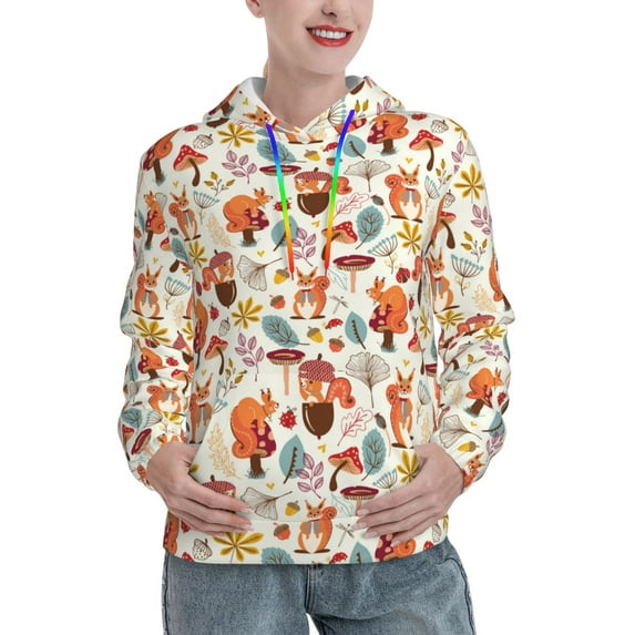 Kdxio Squirrel Nuts Mushroom Print Womens Oversized Hoodies Sweatshirts Hooded Pullover Tops Sweaters Casual-Medium