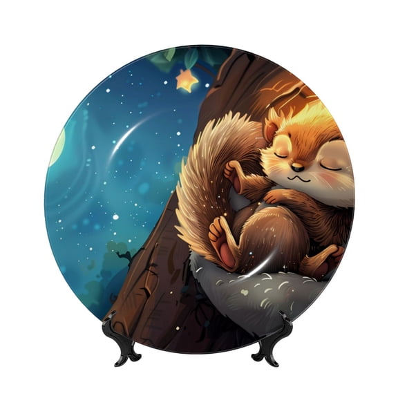 Kdxio Squirrel Sleeping In Tree Bone China Decorative Plate Ceramic Decorative Plate for Home Office Wall Stand Decorative Plates for Home Bedroom-10in