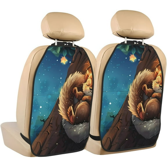 Kdxio Squirrel Sleeping In Tree Print 2 Pack Car Kick Mat Seat Cover Back Protector Mat with Pockets for Organizer Backseat Protector and Storage Anti Kick Pad for Vehicles