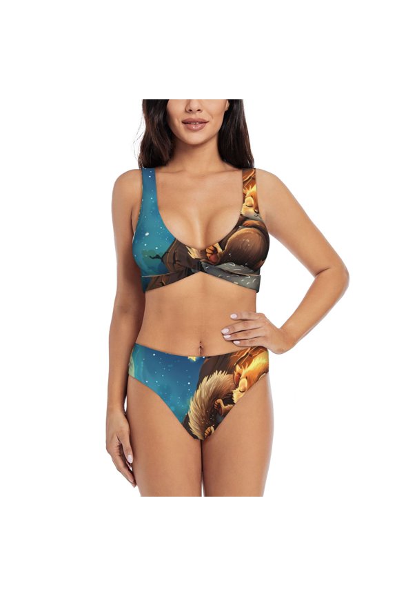 Squirrel Sleeping In Tree Print Women's 2 Piece High Waisted Wrap Spaghetti Strap Summer Swimsuit Bikini Set-Medium