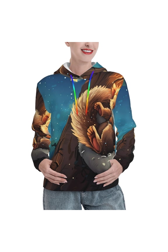 Squirrel Sleeping In Tree Print Womens Oversized Hoodies Sweatshirts Hooded Pullover Tops Sweaters Casual-X-Large