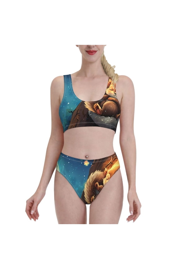 Squirrel Sleeping In Tree for Womens High Waisted Bikini Top Sports Style Two Piece Bathing Suits
