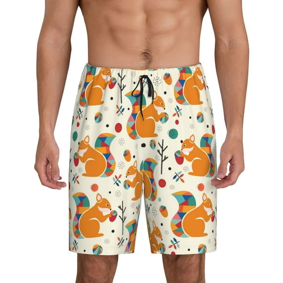 Kdxio Squirrel With Colorful Tail Print Mens Sleep Shorts Bottoms Soft Comfy Pajama Wear Pants with Drawstring Pockets