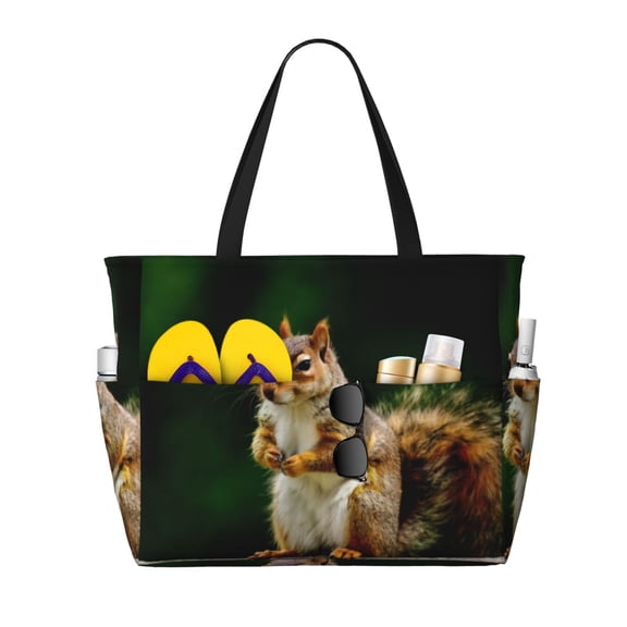 Kdxio Squirrels Eating Peanuts On The Tree for Beach Bag for Women Large Beach Tote Bag Waterproof Sandproof Swim Bag with Zipper Pockets Beach Vacation Travel