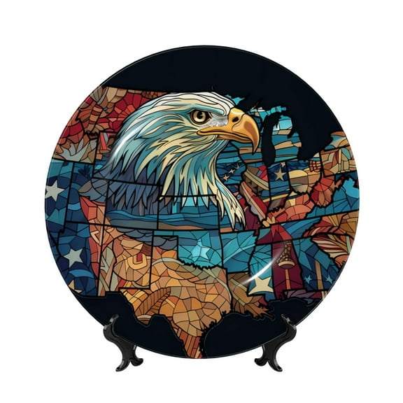 Kdxio Stained Glass Eagle USA Bone China Decorative Plate Ceramic Decorative Plate for Home Office Wall Stand Decorative Plates for Home Bedroom-8in