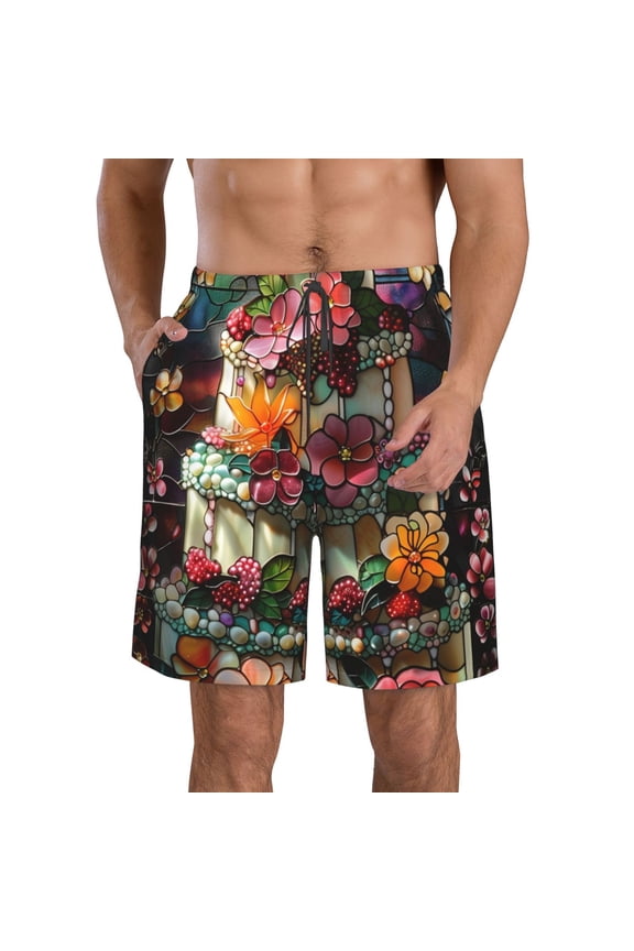 Stained Glass Floral Cake Pattern Mens Casual Shorts - Drawstring Summer Beach Sports Shorts for Men