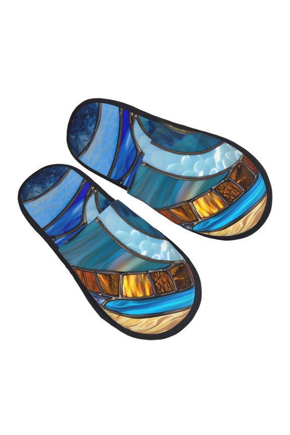 Stained Glass Ocean Wave Pattern Slippers for Women Memory Foam Fuzzy House Slippers Bedroom Non-slip Warm Womens Slippers