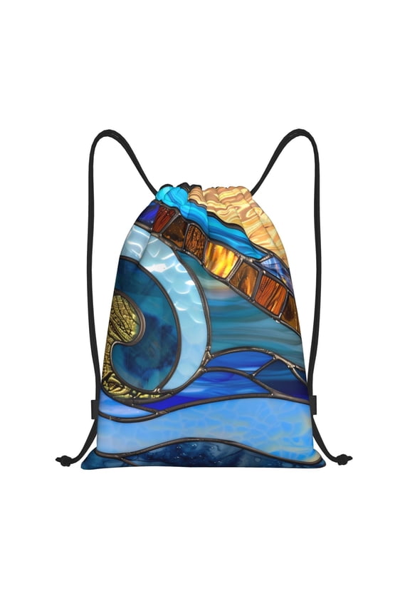 Stained Glass Ocean Wave Print Drawstring Backpack Bag,Waterproof Draw String Back Sack, Gym Drawstring Bags Swim Bag For Unisex