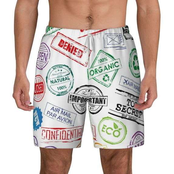 Kdxio Stamp Set Collection Print Men'S Swim Trunks With Compression Liner 7 Inch Inseam Quick Dry Swim Shorts