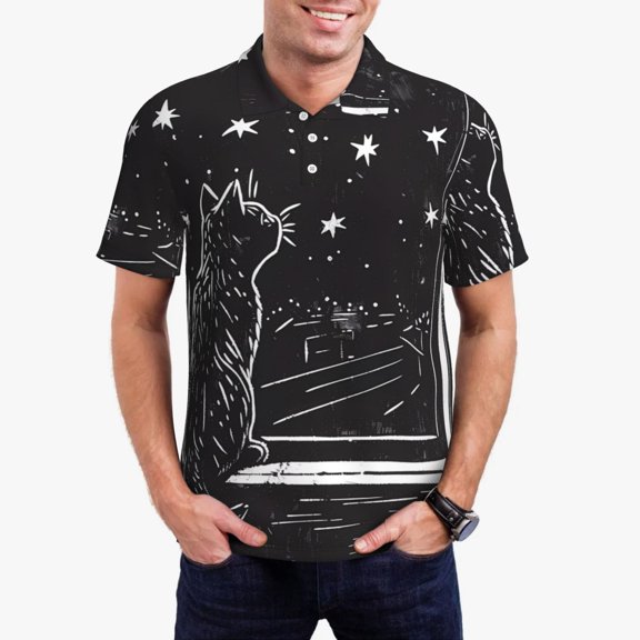 Kdxio Star Gazing Cat Illustration Print Men's Short Sleeve Polo Shirt,Midweight Men's Shirt-Medium