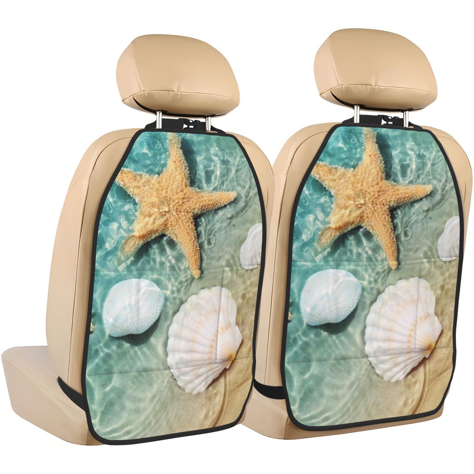 Kdxio Starfish And Seashell Print 2 Pack Car Kick Mat Seat Cover Back Protector Mat with Pockets for Organizer Backseat Protector and Storage Anti Kick Pad for Vehicles