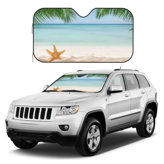 Kdxio Starfish in Beach Print Windshield Sun Shade, Foldable Sun Blocker for Car,Truck,SUV Automotive Interior Sun Protection,Reflective Shade for Front Windshield(Medium)