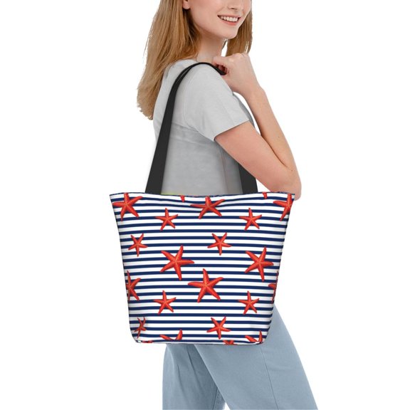Kdxio Starfish Navy Blue Stripe Women Reusable Grocery Bags Foldable Ripstop,Reusable Shopping Bags for Shopping,Gym,Gift