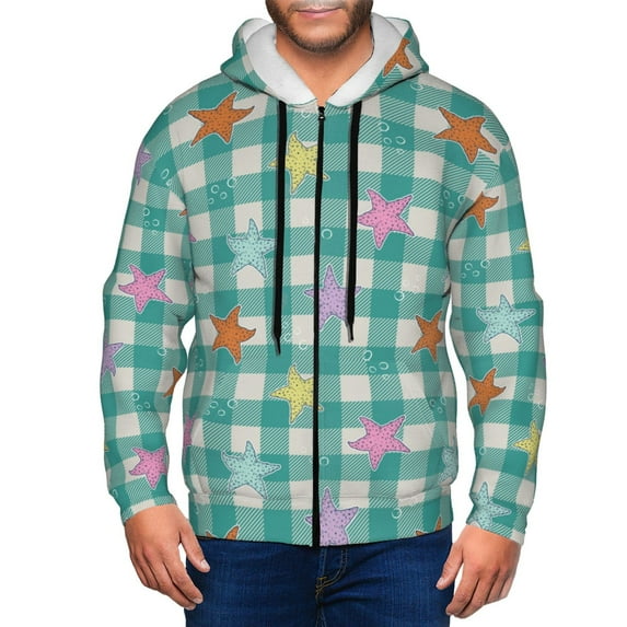 Kdxio Starfish On Checkered Background Print Men Hoodies Casual Hoodies for Men with Zip Pockets Full Zip Long Sleeve Sweatshirt Sports Hooded Jacket-X-Large