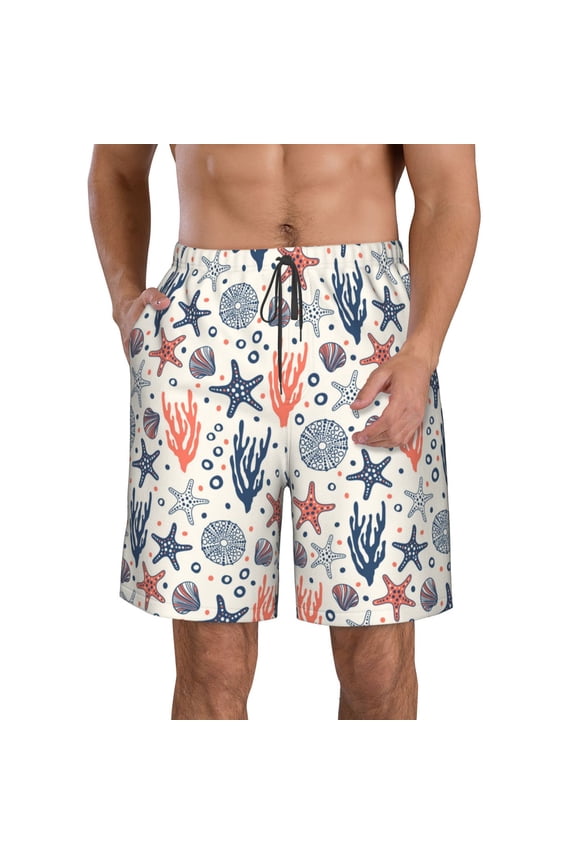 Starfish Shell Pattern Mens Casual Shorts - Drawstring Summer Beach Sports Shorts for Men