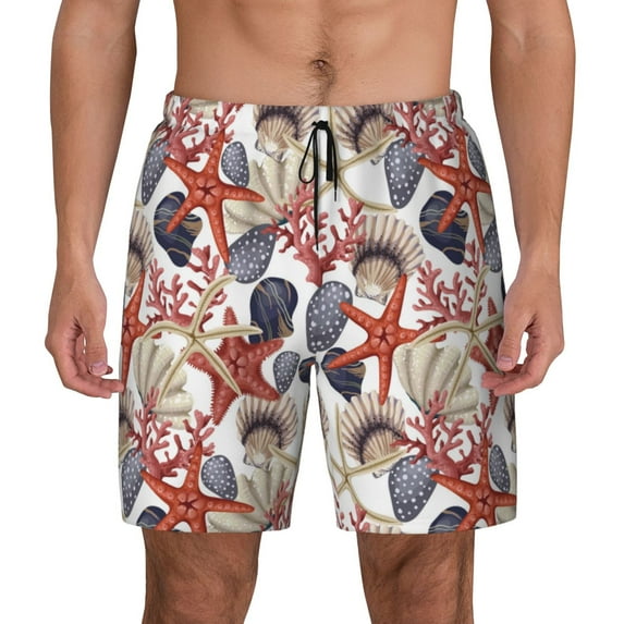 Kdxio Starfish Shell Print Men's Swim Trunks with Compression Liner 7 Inch Inseam Quick Dry Swim Shorts